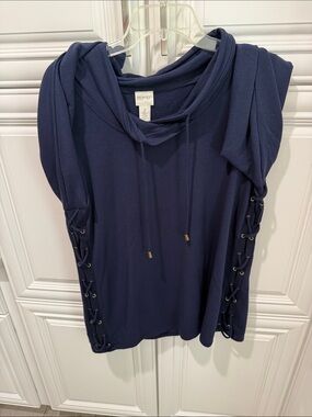 Chico's Navy Hooded Top with Side Lace-Up Detail